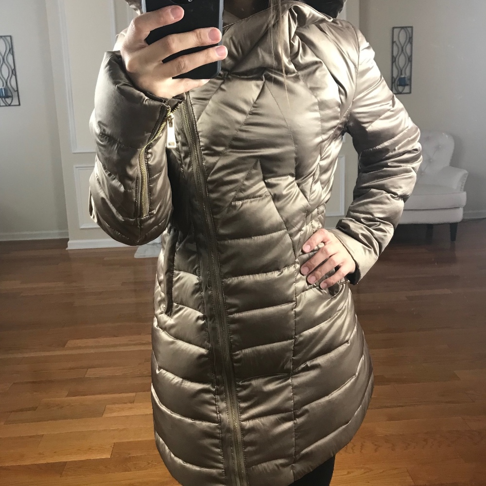 BEBE Hooded Puffer Coat Long, Winter, Tan Gold, S
